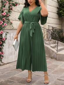 SHEIN Clasi Plus Size Women Solid Color Ruffle Short Sleeve Wide Leg Elegant Jumpsuit - Green - View 6