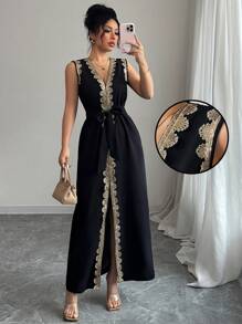 Rafferiza Vestido largo elegante de mujer sin mangas con escote en V y ajuste a la cintura