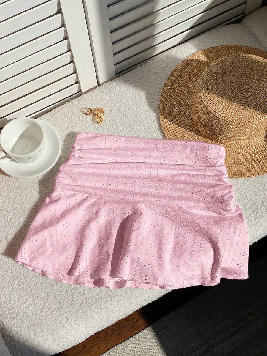 Comfortcana Summer Casual Solid Color Perforated Textured Ruched A-Line Mini Skirt - Pink - View 1