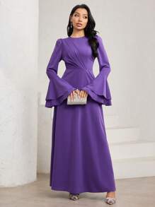 Veilorie Women Elegant Solid Color Flare Sleeve Dress - Purple - View 2