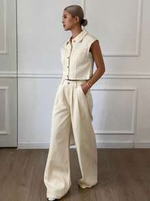 Livesso Women's Single-Breasted Vest And Wide-Leg Jeans Suit Work Women Clothes