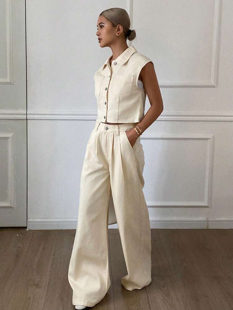 Women's Single-Breasted Vest And Wide-Leg Jeans Casual Suit
