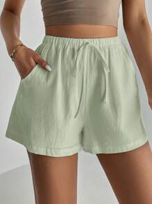 SHEIN Tall Women's Casual Mint Green Mini Shorts: Woven Fabric Drawstring Summer Shorts With Pockets - Mint Green - View 3