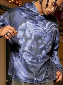 PAVTROS Manfinity Streetrush Men Street Style Large Pattern Full-Print Snake Plaster Human Head Hooded Sweatshirt, Suitable For Friends, Boyfriends - Black - View 1