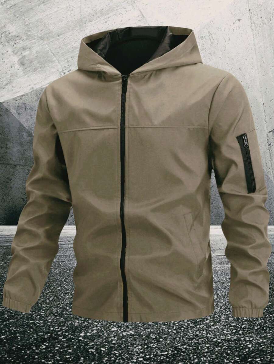 Manfinity Homme Men Light Grey Fabric Hooded Long Sleeve Outdoor Jacket For Sports And Outdoor Activities,Tech Wear Jacket, Fall - Khaki - View 1