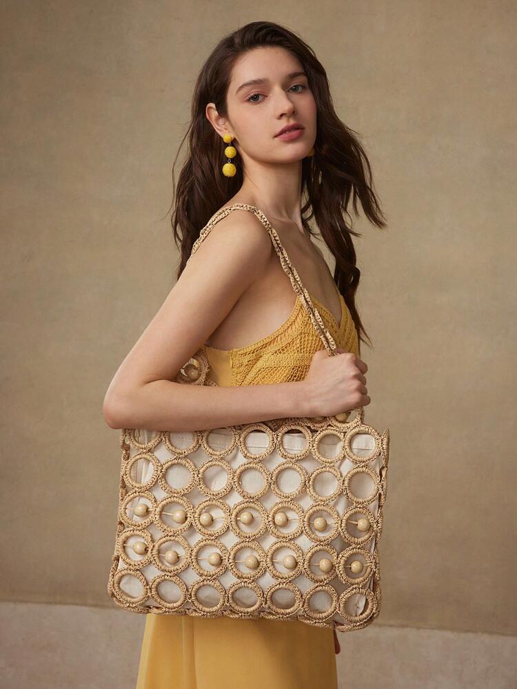 FASHIONABLE VACATION HOLLOW-OUT BEADED DETAIL SHOULDER BAG, ELEGANT BAG