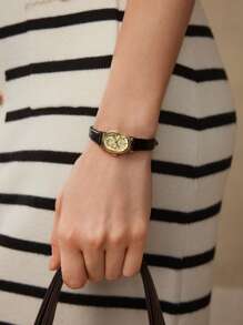 MOTF PREMIUM 1PC GOLDEN OVAL DIAL PATTERNED STRAP WOMEN'S WATCH - Black - View 1