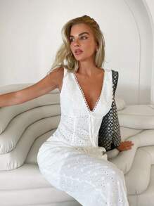 Roylia Women's Embroidered V-Neck Sleeveless Tie Front Shirt - White - View 1