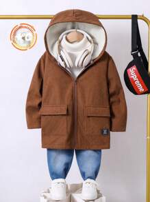 1 pieza Chaqueta con capucha informal y holgada de pana para niños pequeños, gruesa y cálida para exteriores, escuela, jardín, playa, fiesta de cumpleaños y baby shower en otoño e invierno - Marrón - Ver 3