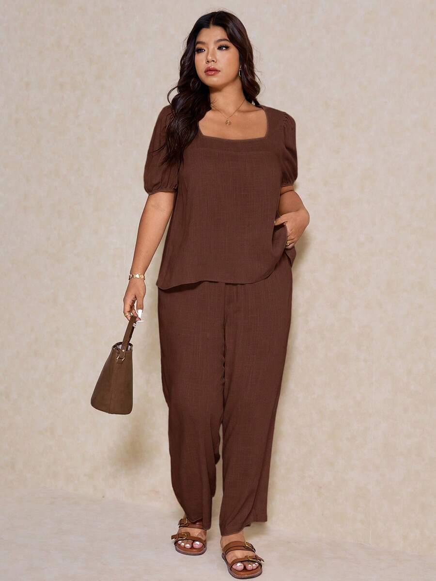 Elaquor 2 món đồ cỡ lớn cho nữ, áo sơ mi tay ngắn cổ vuông và quần thường ngày - Cà phê nâu - Xem 1