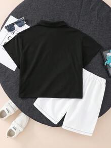 SHEIN Conjunto de 2 peças para meninos, casual e confortável, estilo universitário, simples e moderno, com estampa personalizada de letras, camisa polo de manga curta e shorts com bolso. Ideal para primavera/verão, uso diário, esportes, passeios, escola, festas, festivais, ensaios fotográficos e volta às aulas. - Preto - Ver 8