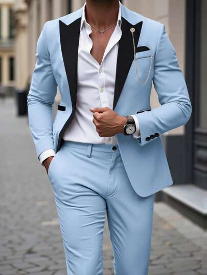 Manfinity Mode 男士撞色斑驳翻领长袖夹克和裤子商务旅行西装套装舞会西装男