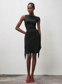 Lumivelle Women's Solid Color Contrast Lace Elegant Skirt - Black - View 3