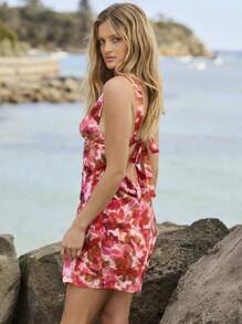 Aralina Floral Print V Neck Sleeveless Summer Vacation Tie Back Mini Dress - Red - View 6