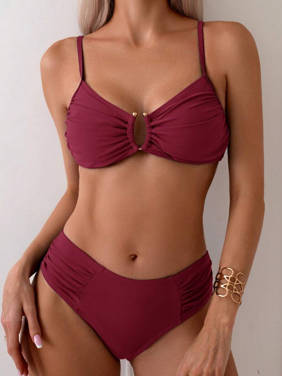 Swim Chiccia Women's Solid Color Ruched Decor Spaghetti Strap Split Bikini Set, Summer - Burgundy - View 1