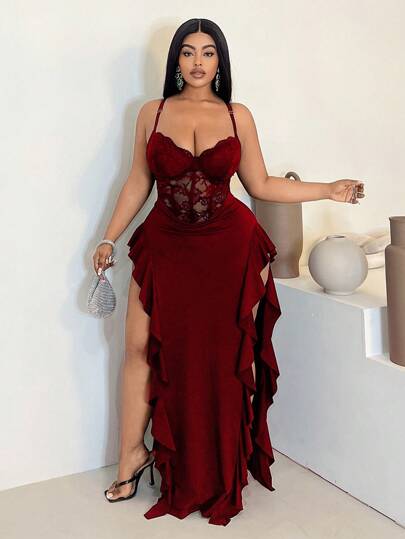 Maweii Plus Size Women's Spring/Summer Lace Sexy Hollow Out Bandage Front Avant-Garde French Casual Young Chic Fashion Elastic Knit Versatile Comfortable Undershirt Dress, Sexy Red Formal Dress, Sexy Clubwear, Formal Dress, Young Elegant Sexy Patchwork Sexy Top, Sexy Clubwear, Red Top, Red Jumpsuit, Red Bra, Fitted Sheer Off-Shoulder Slim Fit Solid Undershirt