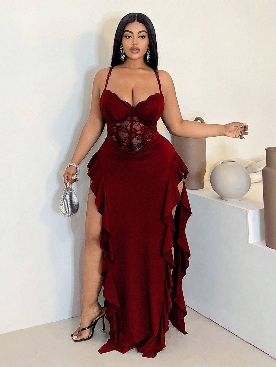 Maweii 大码女装春夏蕾丝性感镂空绷带前卫法式休闲年轻时尚弹力针织百搭舒适打底连衣裙，性感红色正式礼服，性感夜店装，正式礼服，年轻优雅性感拼接性感上衣，性感夜店装，红色上衣，红色连体裤，红色文胸，修身透视露肩纯色打底衫 - 酒紅色 - 查看 1