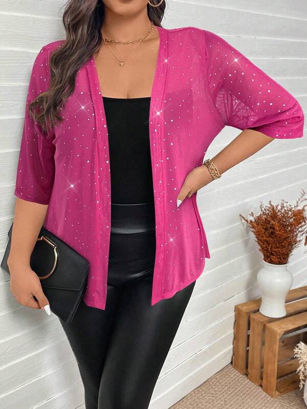 SHEIN LUNE Women Plus Size Rhinestone Embellished Mesh Sheer Jacket Thanksgiving New Years Winter Rave,Christmas Sequin Top Birthday Women New Years Eve Going Out Tops Women, Office Wear, New Years, Party, Business Casual Woman, Old Money Style,Valentine,Love/Lover