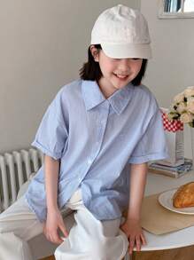 Dazy Kids 女童蝴蝶刺绣翻领条纹短袖编织衬衫，夏季 - 藍色 - 查看 4