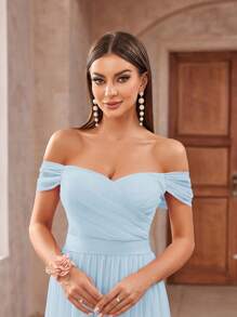 Aureia Romantic And Elegant Bright Silk Gauze Off Shoulder Pleated Ribbon Decorated Waist Section Fluffy And Elegant Mesh Bridesmaid Dress - Baby Blue - View 6