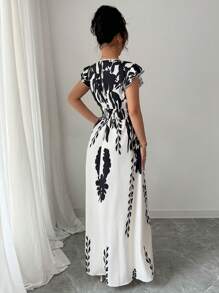 Rafferiza 女士 V 领蝴蝶袖夏威夷风格花卉印花长裙超长度假海滩装