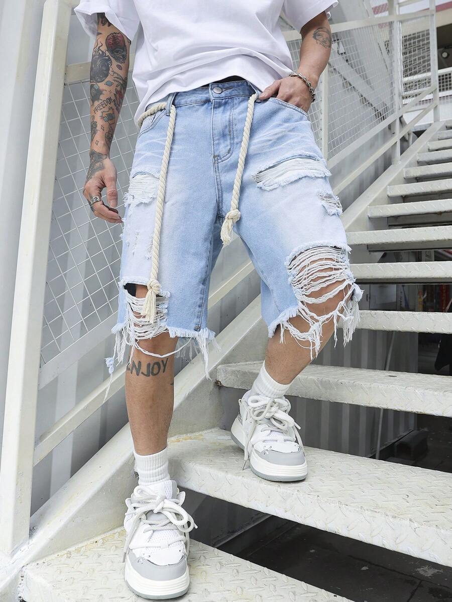 Manfinity EMRG Men's Loose Fit Cotton Ripped Frayed Raw Hem Denim Shorts Jorts - Light Wash - View 1