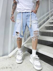 Manfinity EMRG Men's Loose Fit Cotton Ripped Frayed Raw Hem Denim Shorts Jorts - Light Wash - View 5