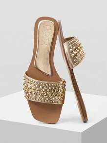 MOTF PREMIUM SQUARE TOE STUDDED FLAT SANDALS - Champagne - View 4