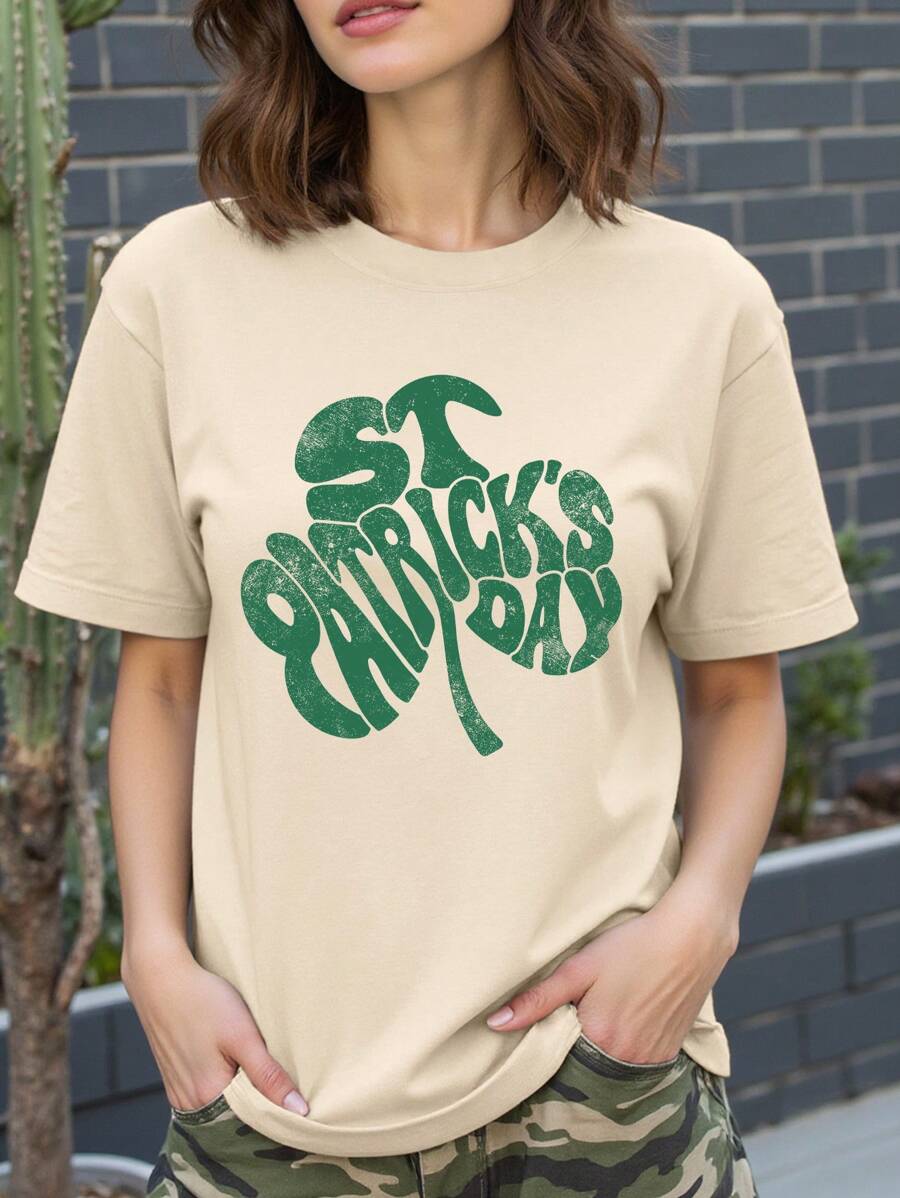 INAWLY 落肩圣帕特里克节三叶草 T 恤、时尚三叶草 T 恤、复古圣帕特里克节 T 恤 - 杏色 - 查看 1