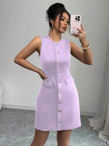 Elenzga Sleeveless Elegant Commuter Fashion Front Closure Waist Cinched Waist Women Dress