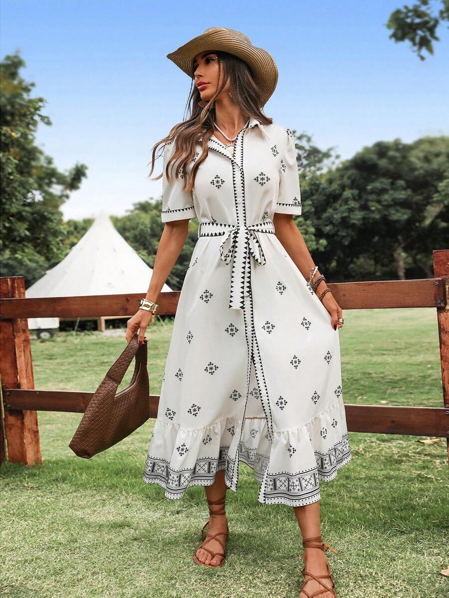 SHEIN LUNE 女士休闲几何印花 Polo 领纽扣灯笼袖荷叶边下摆 A 字形连衣裙,度假优雅装扮 - 彩色 - 查看 1