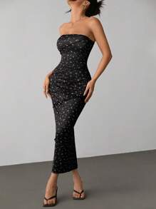 SHEIN PETITE Summer Going Out Tight-Fit Strapless Mini Dress With Ditsy Floral And Contrast Stitching - Black - View 3