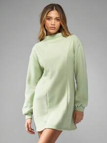 MISSGUIDED Cozy Loopback Sweater Mini Dress High Neck Long Sleeve Winter Fall Comfort Casual Day Style Ribbed Cuff Hem Christmas - Green - View 6