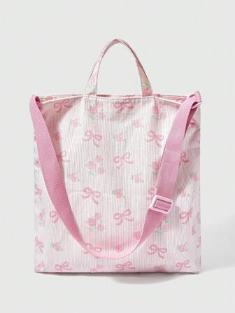 Kawaii Bolso de tela de pana espacioso para mujer - Bolso multiusos con estampado de lazo para llevar cruzado/al hombro