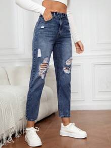 EMERY ROSE Women's Pocketed Distressed Tapered Casual Versatile Denim Jeans Women Jeans High Waisted - Dark Wash - View 4