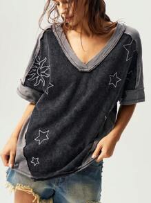 Bohemela 夏季休闲牛仔风格撞色V领短袖宽松水洗女式T恤 - 黑色 - 查看 5