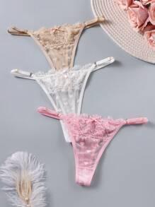 SHEIN 3 Packs Women Low Rise Lace G-String Panties With Random Heart Print Design - Multicolor - View 5