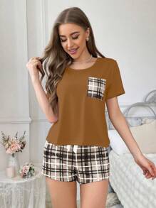 2pcs Plaid Print Pocket Pajama Set - Plaid Shorts - Coffee Brown - View 4