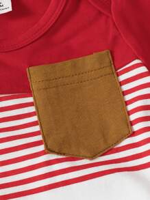 SHEIN Playful Pals 2 piezas Conjunto de body de manga corta con bolsillo y pantalón corto de cintura elástica con estampado de rayas azul y blanco para bebé recién nacido niño, suave y cómodo, adecuado para uso en casa y exterior, primavera/verano, pantalones cortos para bebé niño, ropa de recién nacido, ropa de niño de 0-9 meses, ropa de bebé niño, conjuntos de bebé niño, ropa de bebé niño - Rojo - Ver 4