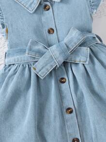 SHEIN Vestido de mezclilla con cinturón y mangas cortas lindo para bebé niña - Celeste - Ver 7