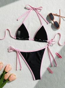 SHEIN Swim Event 2pcs/Set New Women Swimwear, Micro Triangle Pink Butterfly Print Halter Top And Pink Side-Tie Triangle Bottoms, Suitable For Beach, Vacation, Swimming, Music Festival, Fashion Party - Black - View 4