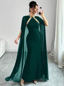 Elenzga 拼色装饰立领优雅蝙蝠袖美人鱼下摆时尚连衣裙，适合派对和宴会，女士长款女装 - 墨綠色 - 查看 5