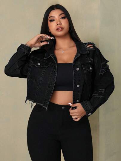 SHEIN ICON Plus Size Casual Everyday Distressed Fringe Front Button Denim Jacket