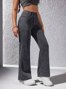 SHEIN EZwear Quần Jeans Ống Thẳng Thường Ngày - Xám - Xem 6