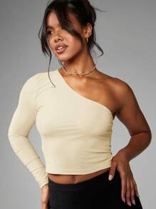 MISSGUIDED One Shoulder Asymmetric Crop Top Elegant Long Sleeve Evening Party Club Fashion Fitted Blouse Spring Summer Fall - Cream - View 4