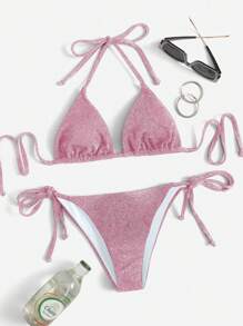 Swim Mod Bộ đồ bơi bikini gợi cảm màu trơn đính kim tuyến mùa hè cho nữ - Hồng - Xem 5