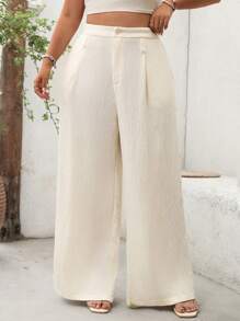 Flirla Plus Size Women's White Summer Smart Casual Holiday Elegant French Bohemian Jacquard Crinkle Fabric Flared Leg Pants,Casual Solid Color Fall Cloth - Apricot - View 4