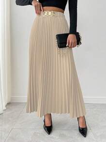 SHEIN Clasi تنورة طويلة مكسرة بلون أحادي أنيق بسيط - لون مشمشي - مشاهدة 5