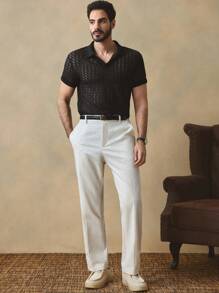 Manfinity ModaGents Camisa polo casual de manga corta, ajustada, con jacquard y calado para hombre