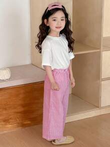 Dazy Kids Bộ đồ ngủ quần sọc in hình trái tim cho bé gái - Đỏ và trắng - Xem 4